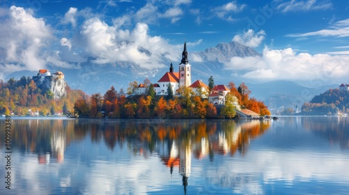 Church in the middle of a lake with blue sky and clouds, mountain in the background, Lake Bled, Slovenia
