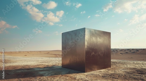 The surrealism of a lone metal cube in the desert landscape evokes a sense of otherworldly isolation