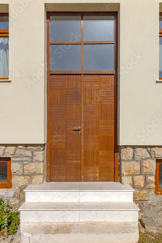 Double Wooden Door With Big Transom Window Home Entrance White Marble Stairs
