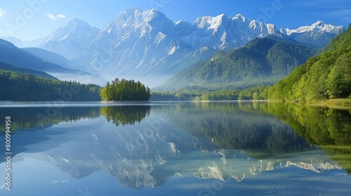 Beautiful Jasna lake with reflections of the mountains on the lake. Triglav National Park, Slovenia
