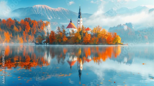 Panoramic view of a lake with a church in the middle, reflections on the water, autumn