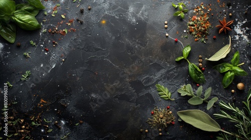 Chic culinary background with an assortment of herbs and spices, on a glossy black stone, top view with editorial space