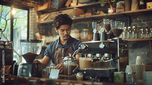 Young barista crafts espresso with artful focus in rustic coffeehouse.Meticulous Young Barista Engrossed in the Art of Espresso Making in a Rustic Urban Coffeehouse.