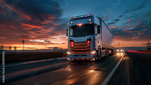 A breath-taking photo of a high-speed truck dominating the highway under the captivating glow of an evening sky