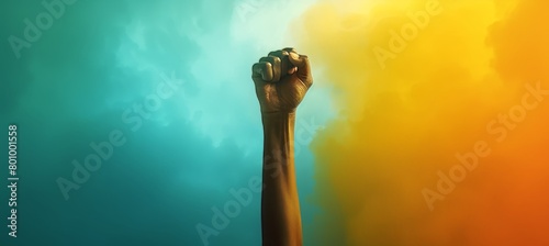 Symbolic painting triumph of free speech and press freedom with raised fist holding pen