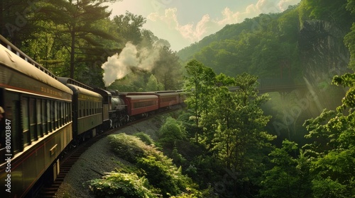 A train is traveling through a forest with steam coming out of the engine
