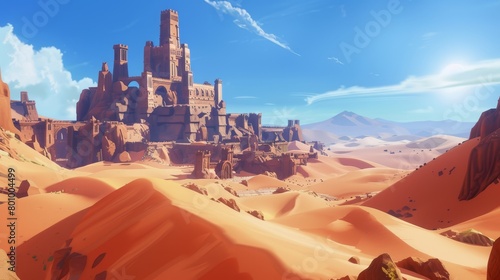 A vast desert where the sands shift to reveal ancient, undiscovered ruins beneath. 