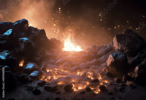 'rock fume hot sky burning coals volcano background ground underworld dark product magma erupts night smelt podium advertising black rocks lava Stone splay dust poduim pedestal smoke'