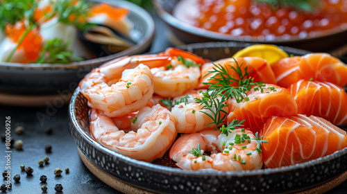 Seafood sashimi with salmon, shrimp, prawns and mussels on a black background