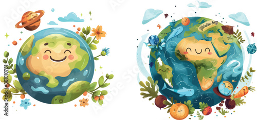 Happy earth day. Cartoon happy planets give thanks for care and zero waste concept