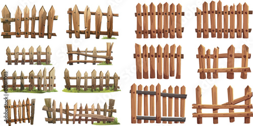 Wooden fencing. Cartoon fences wood bars materials, farm or ranch palisade fence timber balustrade