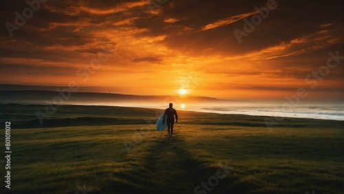 A surfer carries his board towards the sea, set against a striking sunset that bathes the landscape in an orange hue