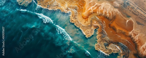 Aerial view of abstract water formation along the coastline of Elton Lake, a large salt lake with minerals in Vengelovskoe, Volgograd Oblast, Russia.