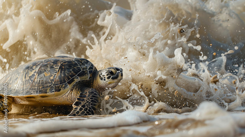 A Kemp's Ridley turtle making its way through crashing waves to nest. 