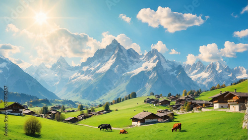  a mountain valley. There are snow-capped mountains in the distance, green hills in the foreground, and a small village with several houses and a church in the middle. There are cows grazing in the fi
