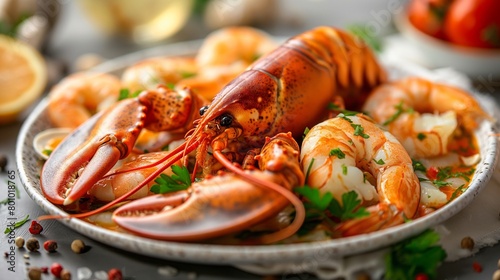 Sumptuous display of succulent lobster and fresh shrimp, perfectly arranged for a luxurious seafood feast on a rustic table