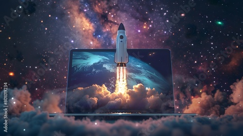 a space rocket launching from it, with a beautiful cosmos background and twinkling stars. Launching Space Rocket From Laptop Screen. Generative AI