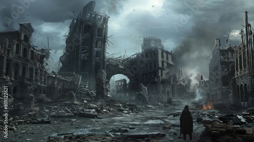 Dramatic city ruins building after battlefield conflict. Generated AI image