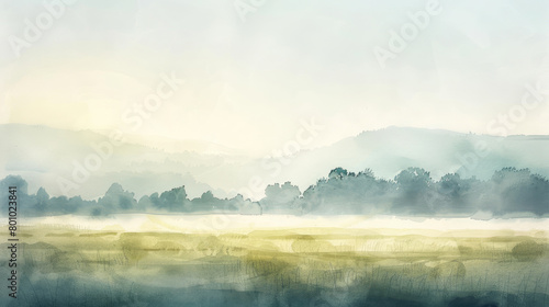Watercolor painting depicting the beauty of a misty morning in the fields and hills covered with dew in the distance
