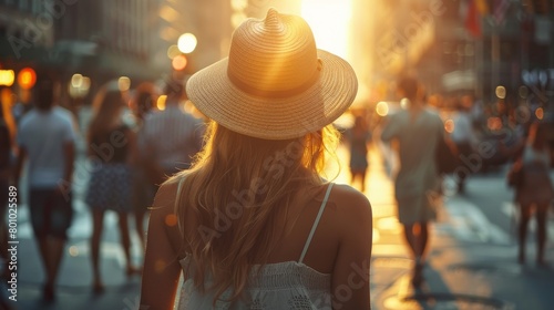 woman in a hat walks through the city