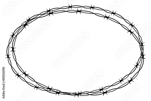 Barbed wire twisted ring y2k, round border tattoo, gothic textured steel frame, spiky oval barrier, silhouette isolated on white background.