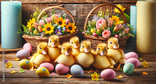 Group of little ducklings background of Easter decorations. Easter spring celebration concept