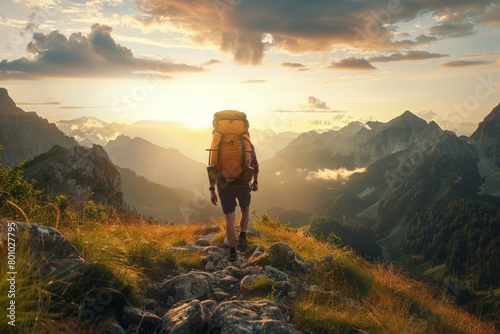 Man hiking at sunset mountains with heavy backpack Travel Lifestyle wanderlust adventure concept summer vacations outdoor alone into the wild