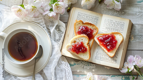 Opened book plate with sweet jam toast and flowers 