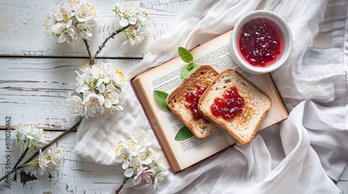 Opened book plate with sweet jam toast and flowers 