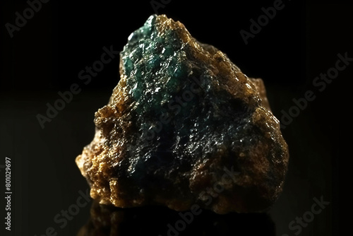 Pharmacosiderite is a rare precious natural stone on a black background. AI generated. Header banner mockup with space.
