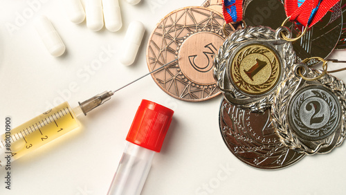 Athletes' medals against the background of doping. Doping for an athlete. Concept of doping products and testing of athletes for banned substances. Doping test at the Olympics.