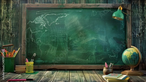 school desk with green chalkboard background
