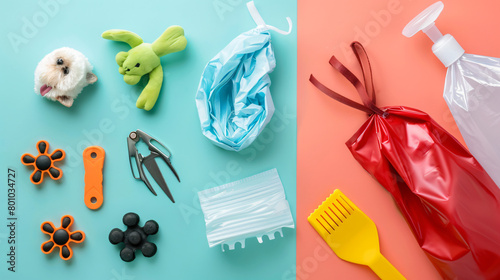 Pet waste bags nail clipper and toys on color background