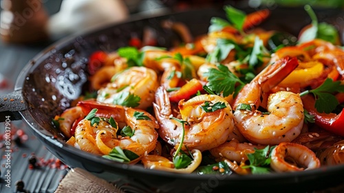 A tempting view of a seafood stir-fry sizzling in a wok, featuring tender squid, plump shrimp, and crisp vegetables, tossed in a savory sauce and garnished with fresh herbs,