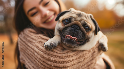The young woman cradles her pug in her arms, its adorable wrinkled face peeking out, as she beams with affection under the warm sunlight.