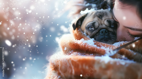 Wrapped in a cozy scarf, the woman holds her pug tightly, their warmth contrasting with the crisp winter air as they enjoy a leisurely stroll in the snow.