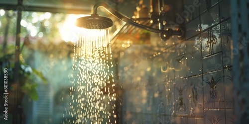 showerhead with water pouring out, bathroom in the background, blurred, light rays of sunshine coming through window on the wall behind.