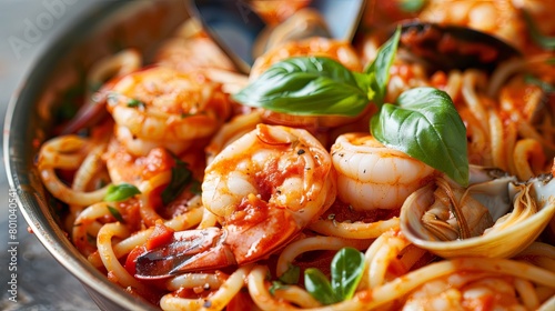 Close-up of a seafood pasta dish featuring tender squid, succulent shrimp, and sweet clams, tossed with al dente noodles in a rich tomato sauce and garnished with fresh basil, 
