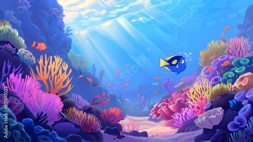 Colorful Coral Reef Underwater Scene with Tropical Fish