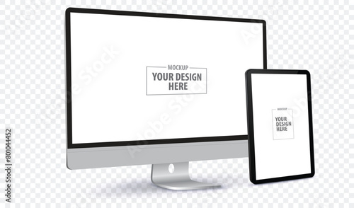 Desktop Computer and Tablet PC Screen Perspective View Mockup. Digital devices template vector illustration with transparent background.