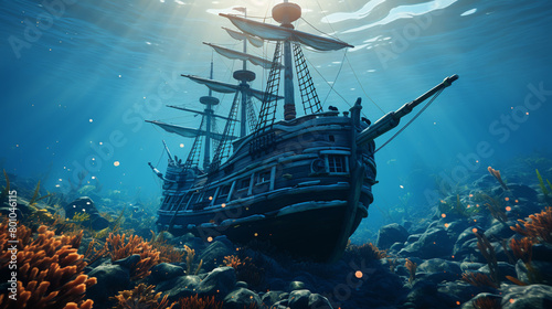 Pirate ship with treasure underwater