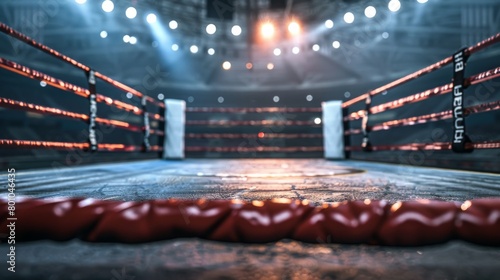 An empty boxing ring with bright spotlights shining down.
