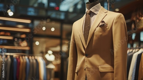 Cream colored suit on mannequin in luxury men's store background