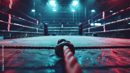 An empty boxing ring with a single boxing glove lying in the foreground. The ring is lit by spotlights and there is a rope in the foreground.