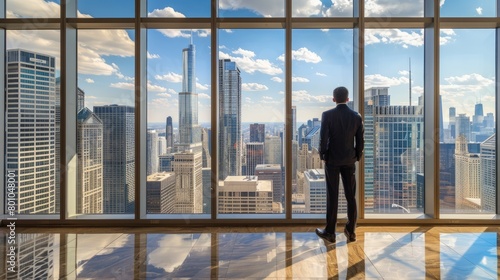 Wealthy businessman standing by floor-to-ceiling window, looking out at city skyline