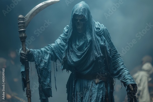 The Reaper stands enveloped in hazy blue fog, wielding a scythe, symbolizing death and the unknown in this intense image