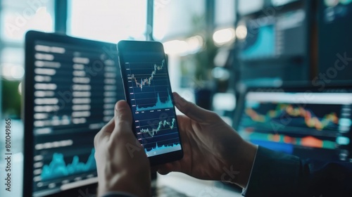 business, technology, internet and people concept - close up of man with laptop computer and smartphone with stock market chart on screen over office background