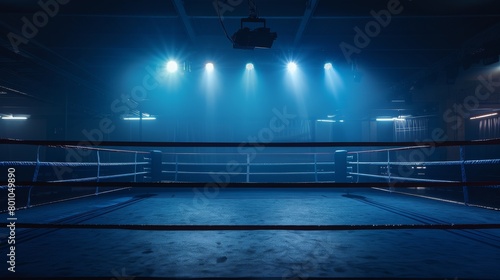 An empty boxing ring with blue lights shining down on it.