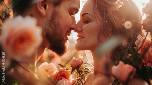A close up of a romantic couple with flowers