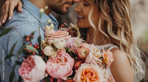 A close up of a romantic couple with flowers